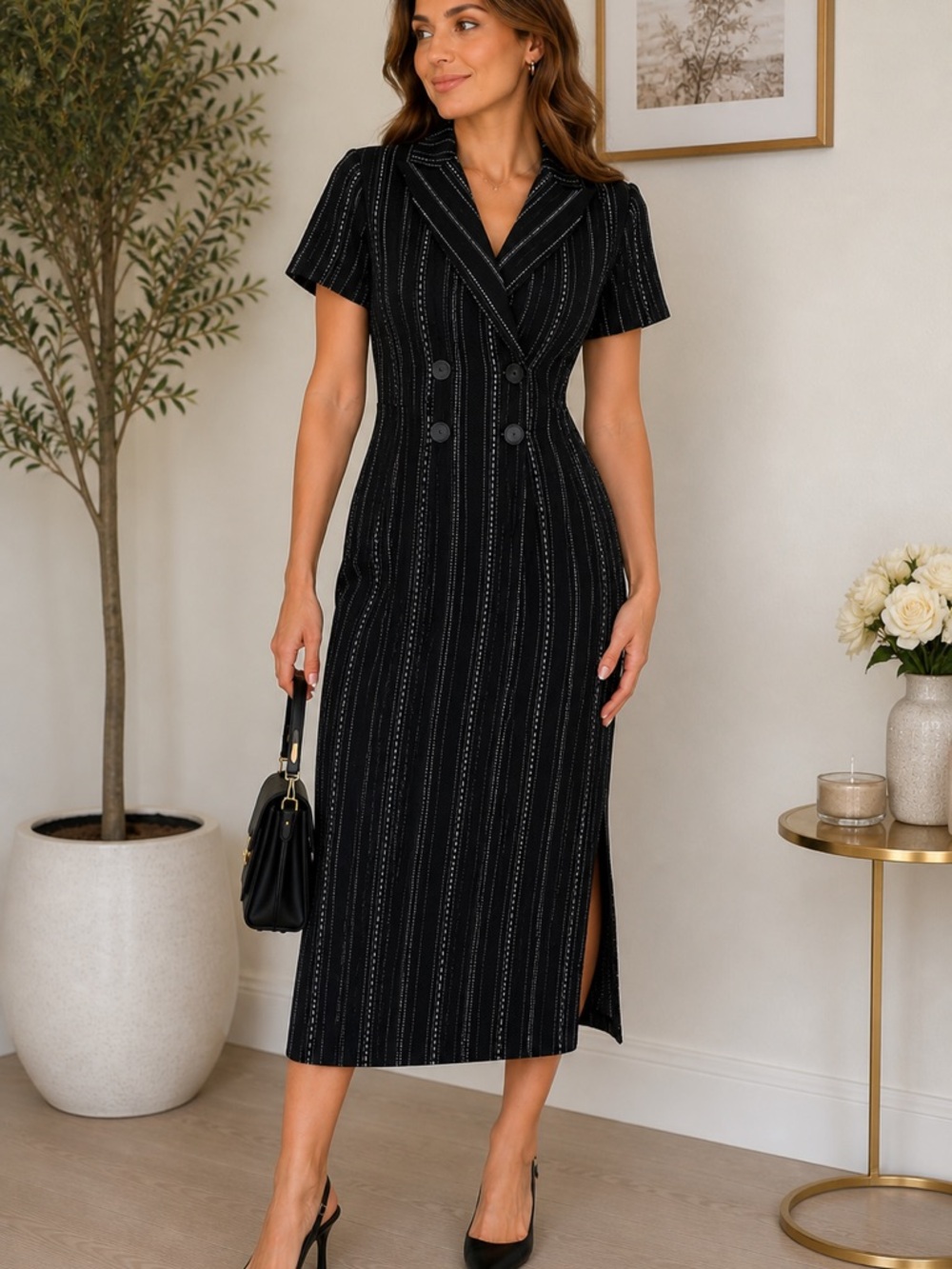Fotia Black Pinstripe Blazer Style Midi Dress Size Medium